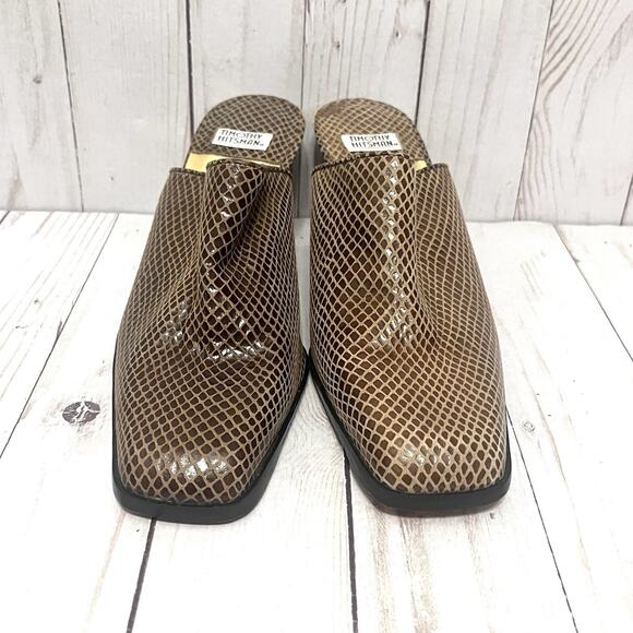 Vintage Timothy Hitsman Brown Leather Snakeskin Block Heel Mules Square Toe 6M - Picture 1 of 10